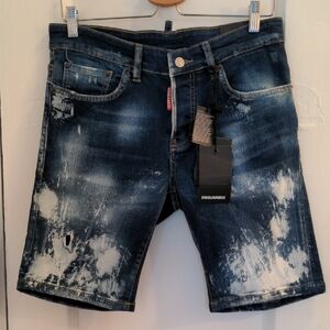 NWT DSQUARED2 Blue Distressed Jean Shorts, Italian 48, Button Fly, Rare